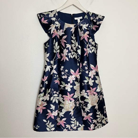 1901 Blue Floral Jacquard Cap Sleeve A-Line Cocktail Mini Dress Size 10 - Picture 3 of 9